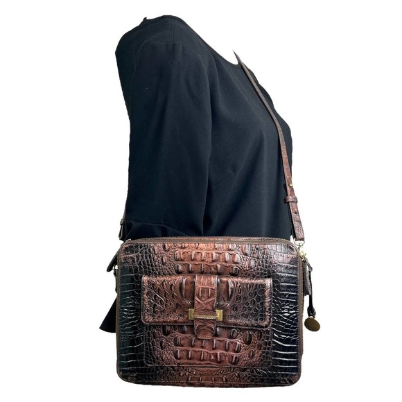 Brahmin Crocodile Embossed Leather Crossbody Padded Tablet Compartment - Picture 1 of 7
